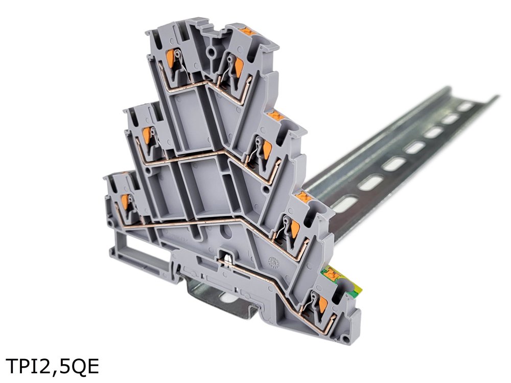 Клемма push-in четырехуровневая с заземлением 7 контактов, 2,5 мм2, серая (TPI2,5QE)