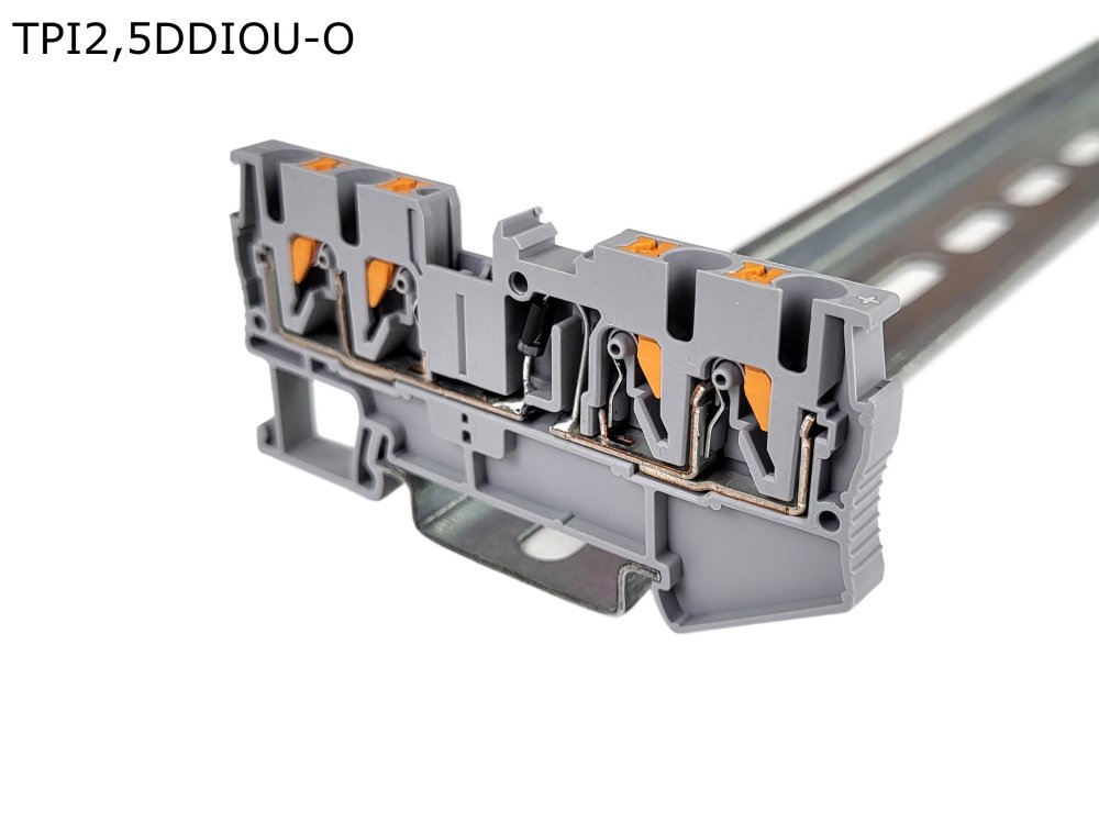 Клемма push-in проходная 4 контакта со встроенным диодом(анод-справа) 2,5 мм2, серая (TPI2,5DDIOU-O)