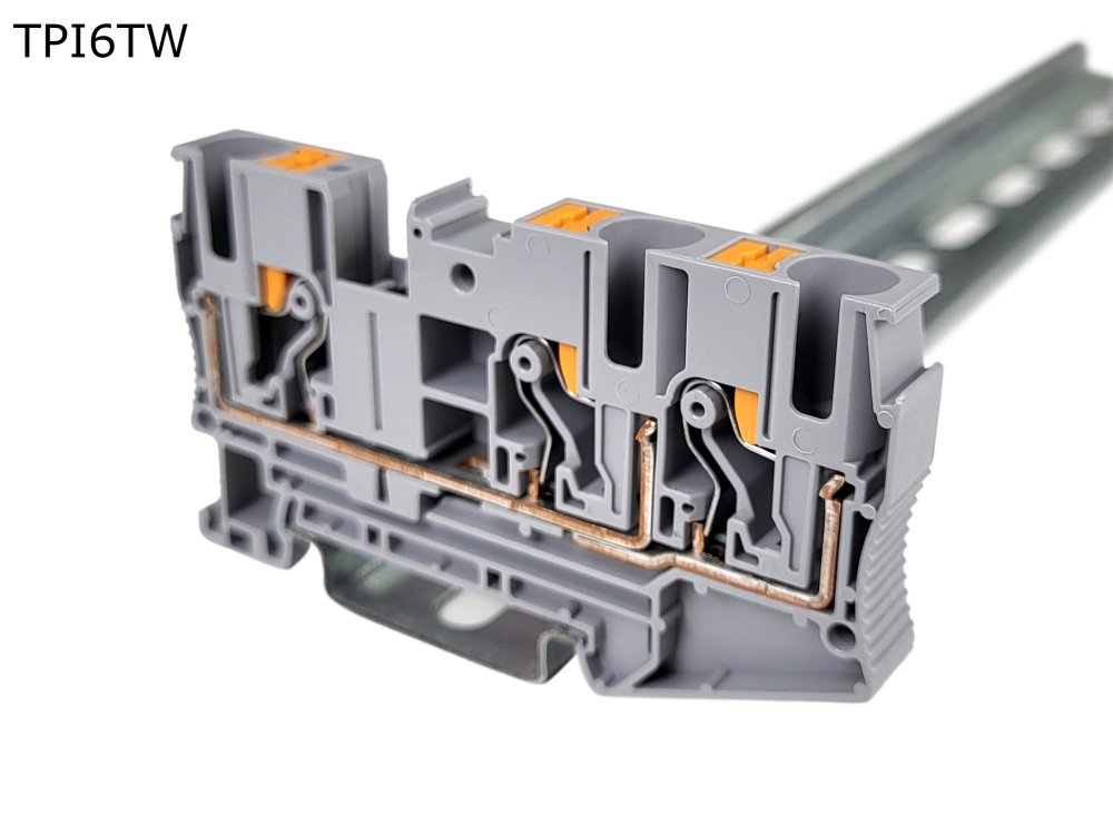 Клемма push-in проходная 3 контакта 6 мм2, серая (TPI6TW)