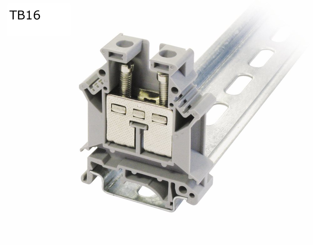 Клемма винтовая проходная 2 контакта 16 мм2, серая (TB16)