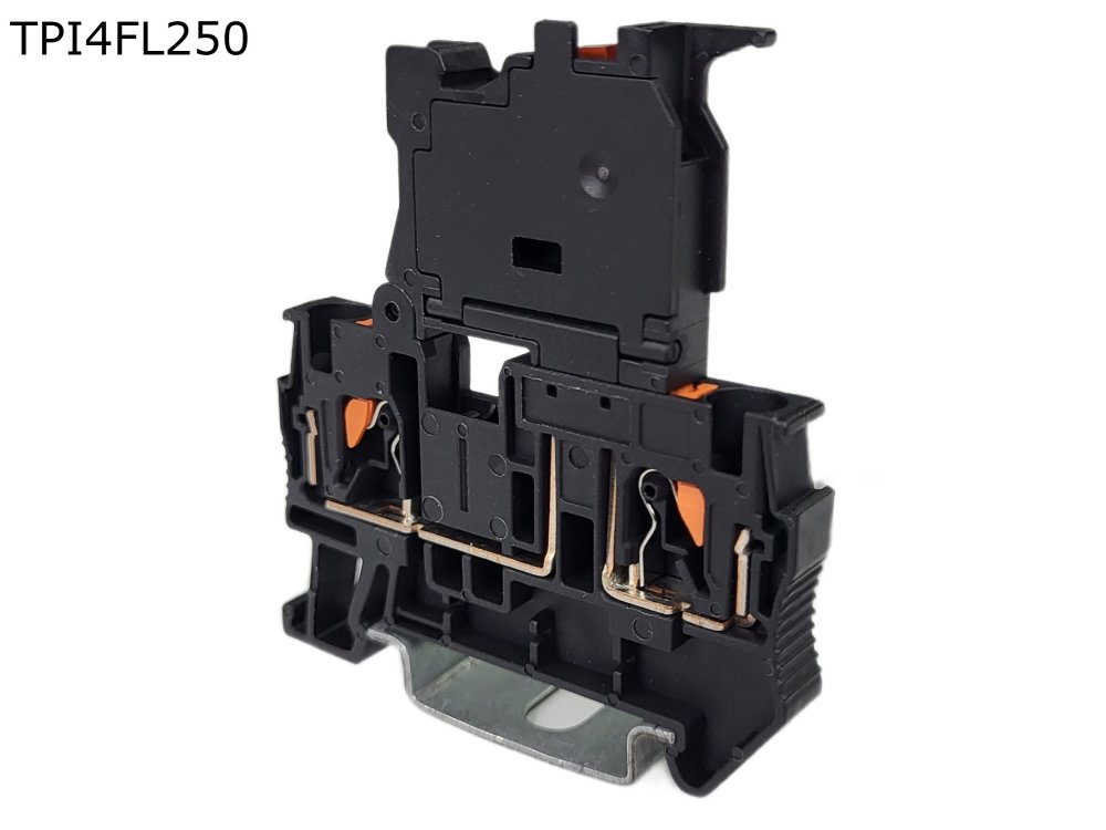 Клемма push-in с держателем предохранителя и индикатором 250В 2 контакта 4 мм2, черная (TPI4FL250)